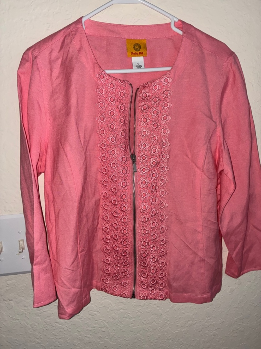 Ruby Rd.  Zip-Up Cardigan with Floral Lace Panel